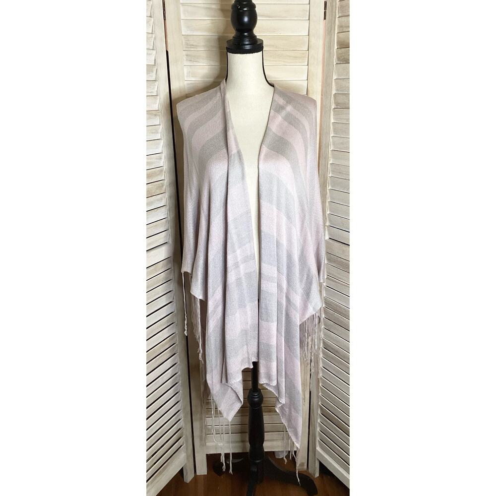 Indah Gray Pink Stripe Fine Gaige Knit Fringe Ruana Beach Poncho XS/S
